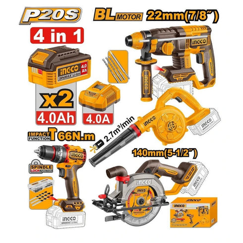 Akumulatorski set alata (Hamer+Bušilica 66Nm+Cirkular+Duvač lišća) COSLI250695E INGCO