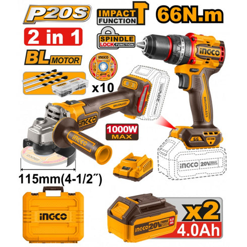 Akumulatorski set CKLI20273E (Brusilica+Udarna bušilica 60NM+2X4Ah) Super Ingco