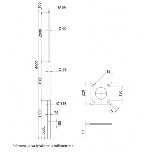 Stub sa stopom 6M galvanizovana siva